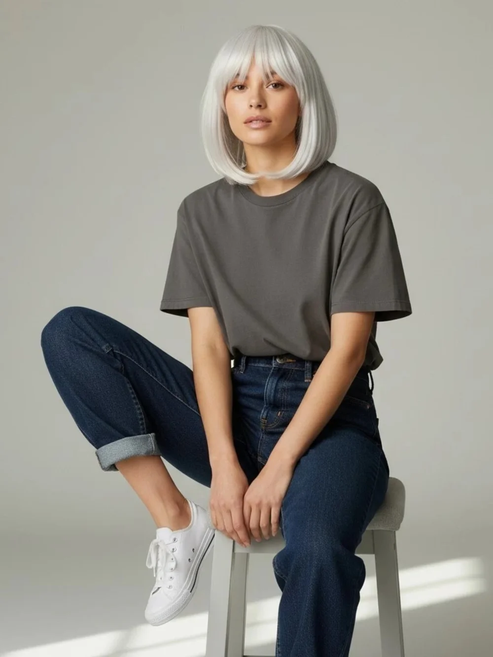 Premium Women's Short Straight Wig with Bangs - Ivory White